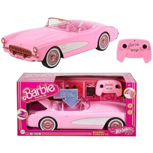 Hot Wheels RC Corvette, fjärrstyrd leksaksbil från Barbie The Movie, med plats för två dockor, öppnar bagageutrymmet, HPW40